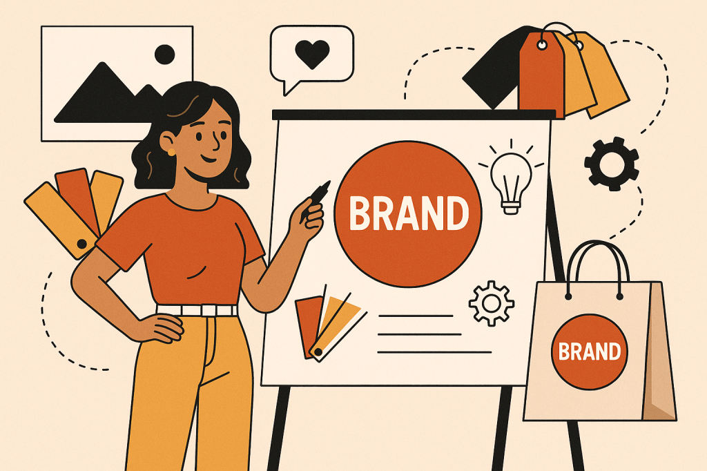 Illustration of a small business owner creating a brand identity with a logo, color palette, and tagline.