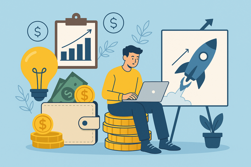 A confident entrepreneur standing in front of a store with a bold logo and cohesive branding elements like colors and typography.