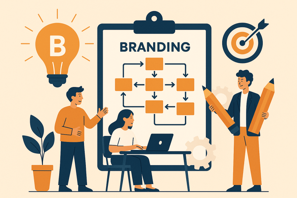 A startup team brainstorming brand ideas on a whiteboard with sketches of logos, brand names, and color palettes.