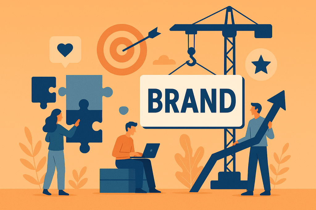 A creative entrepreneur working on brand design with a laptop, logo sketches, color swatches, and brand mood boards spread out on a desk.